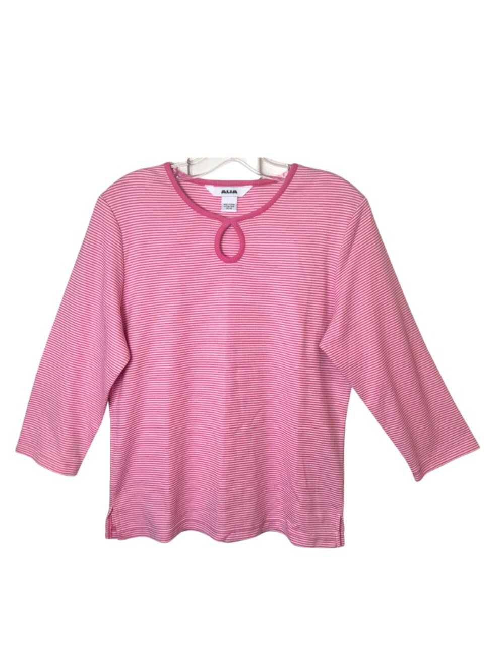 ALIA Pink & White Stripe Top Keyhole Neck 3/4 Sleeve Medium Summer Date Night